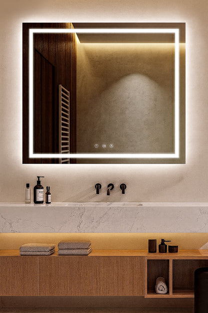 WOODSAM 48 in. W x 40 in. H Rectangular Aluminum Framed Anti-Fog LED Lighted Wall Bathroom Vanity Mirror in Brushed Gold