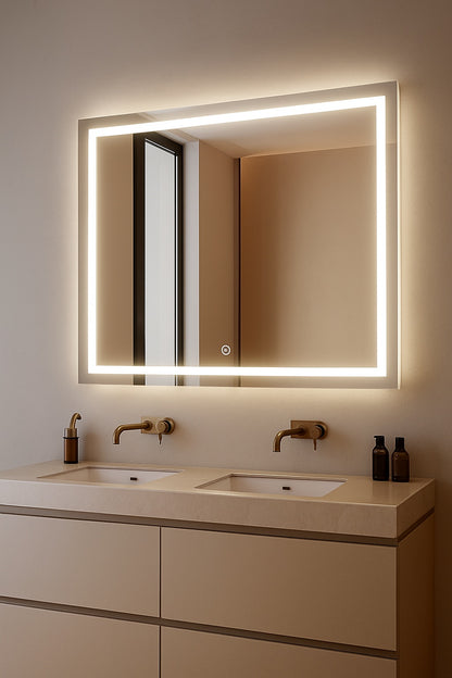 WOODSAM 48 in. W x 40 in. H Rectangular Aluminum Framed Anti-Fog LED Lighted Wall Bathroom Vanity Mirror in Brushed Gold