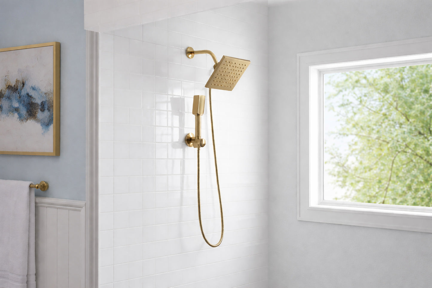 Glacier Bay Modern 1 Spray 7 9 in Dual Tub Wall Mount Fixed and Handheld Shower Heads 1 8 GPM in Matte Gold