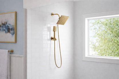 Glacier Bay Modern 1 Spray 7 9 in Dual Tub Wall Mount Fixed and Handheld Shower Heads 1 8 GPM in Matte Gold