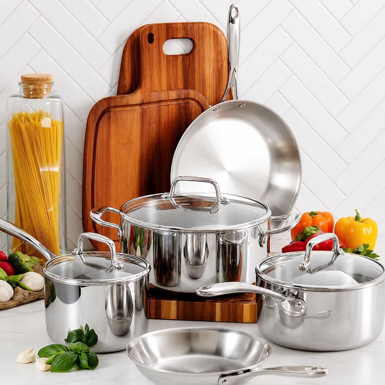 Tramontina 8 Piece Tri Ply Clad Stainless Steel Cookware Set with Glass Lids
