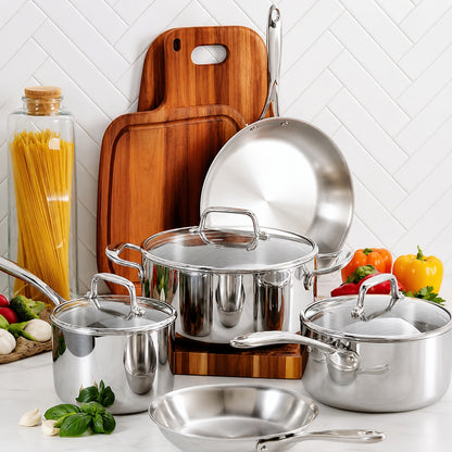Tramontina 8 Piece Tri Ply Clad Stainless Steel Cookware Set with Glass Lids