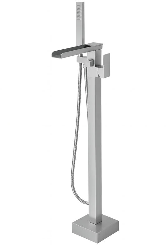 BWE Single-Handle Floor Mount Freestanding Bathtub Faucet Waterfall Tub Filler with Handheld Shower in Brushed Nickel
