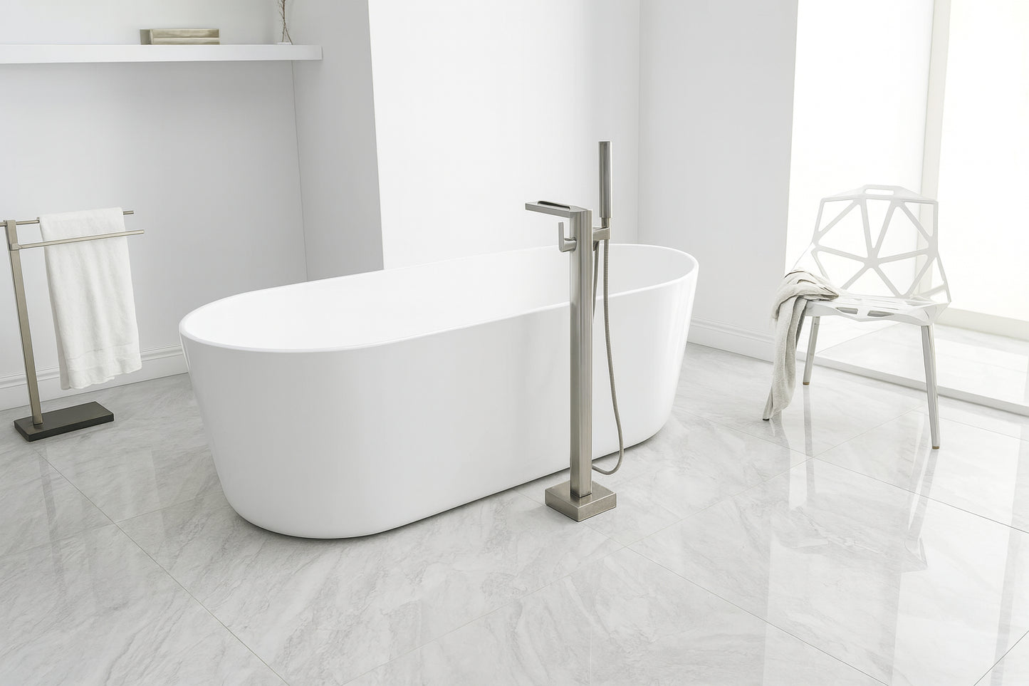 BWE Single-Handle Floor Mount Freestanding Bathtub Faucet Waterfall Tub Filler with Handheld Shower in Brushed Nickel