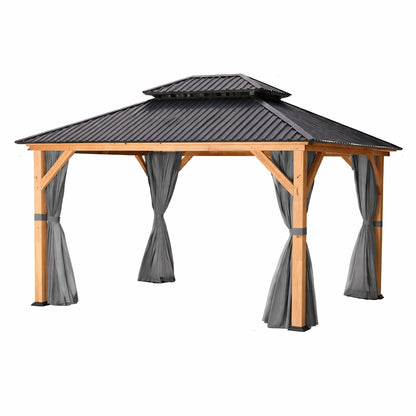EGEIROSLIFE 11 ft x 13 ft Double Roof Hardtop Wooden Patio Gazebo with Netting and Gray Curtains