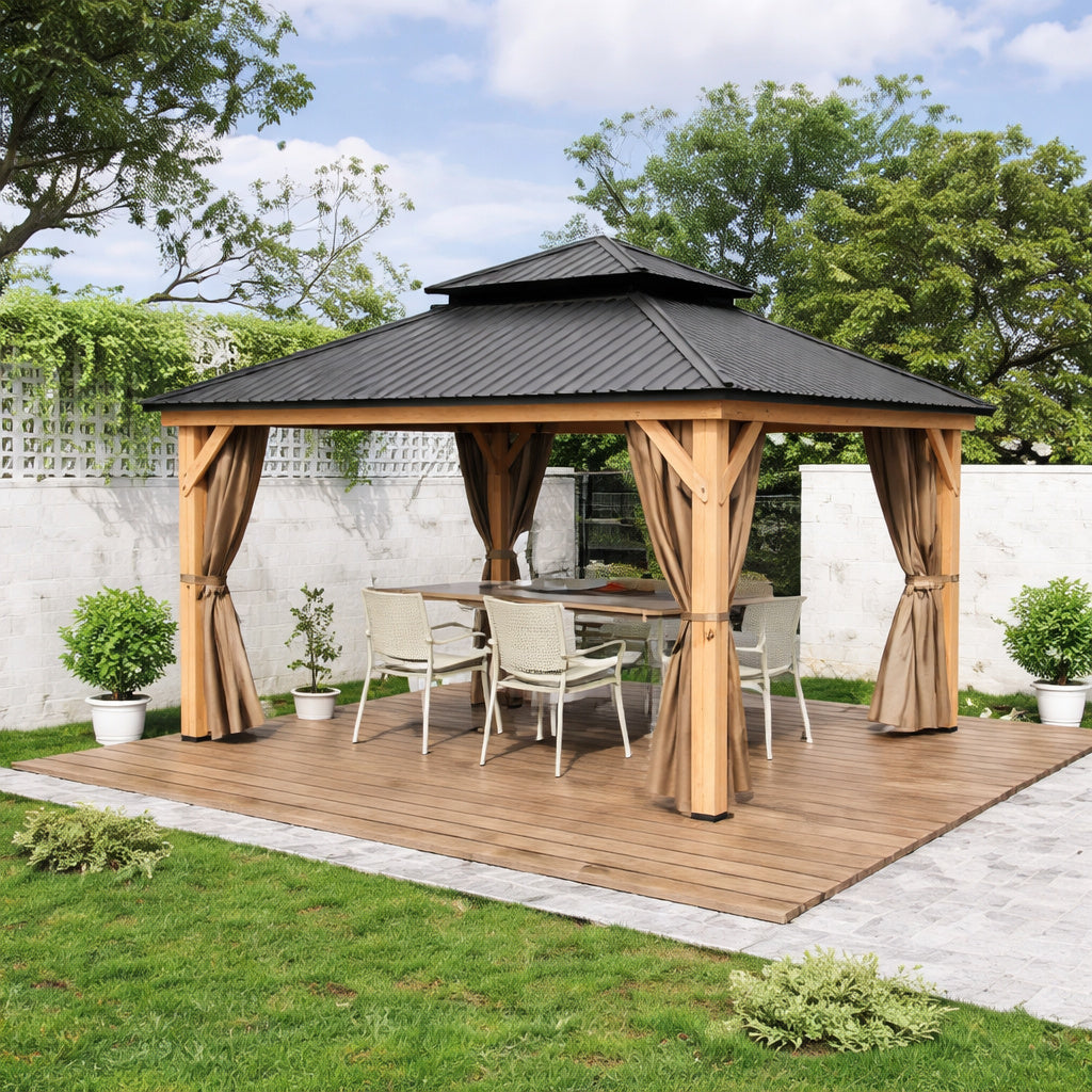 EGEIROSLIFE 11 ft x 13 ft Double Roof Hardtop Wooden Patio Gazebo with Netting and Gray Curtains