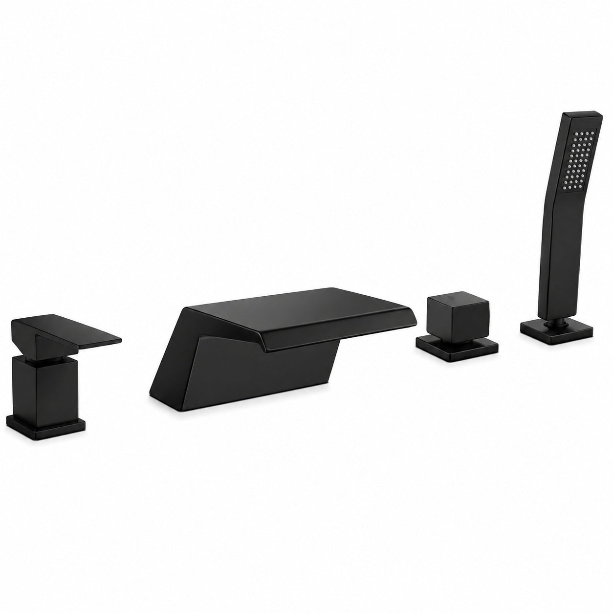 FLG 2 Handle Tub Deck Mount Waterfall Roman Tub Faucet with Hand Shower 4 Hole Brass Bathtub Filler in Matte Black