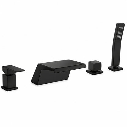 FLG 2 Handle Tub Deck Mount Waterfall Roman Tub Faucet with Hand Shower 4 Hole Brass Bathtub Filler in Matte Black