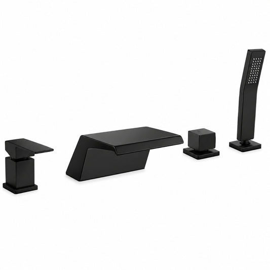 FLG 2 Handle Tub Deck Mount Waterfall Roman Tub Faucet with Hand Shower 4 Hole Brass Bathtub Filler in Matte Black