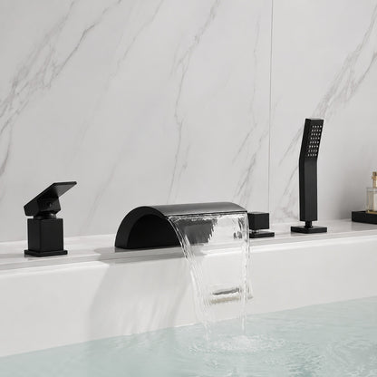 FLG 2 Handle Tub Deck Mount Waterfall Roman Tub Faucet with Hand Shower 4 Hole Brass Bathtub Filler in Matte Black