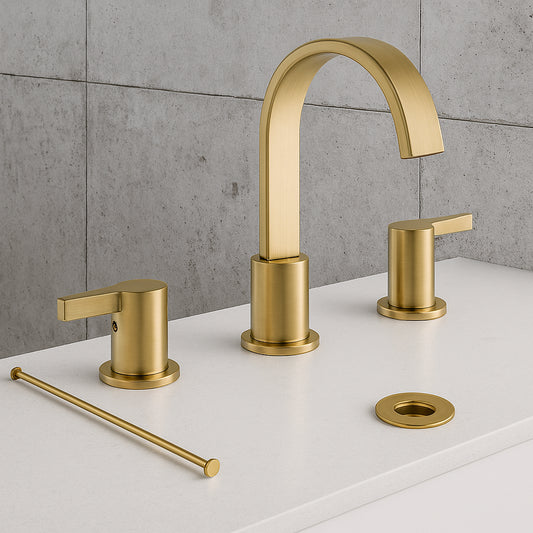 8 in. 2 Handle Waterfall Widespread Brushed Gold Bathroom Sink Faucet with Metal Pop-Up Drain
