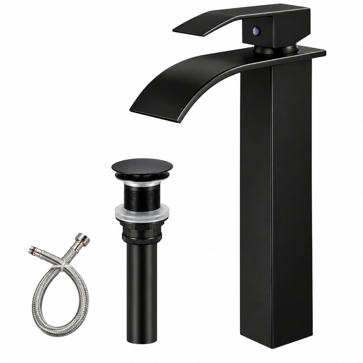 FLG Single Handle Waterfall Bathroom Vessel Sink Faucet Single Hole HIgh Taps with Pop Up Drain in Oil Rubbed Bronze LE 0040 ORB D