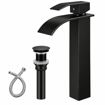 FLG Single Handle Waterfall Bathroom Vessel Sink Faucet Single Hole HIgh Taps with Pop Up Drain in Oil Rubbed Bronze LE 0040 ORB D