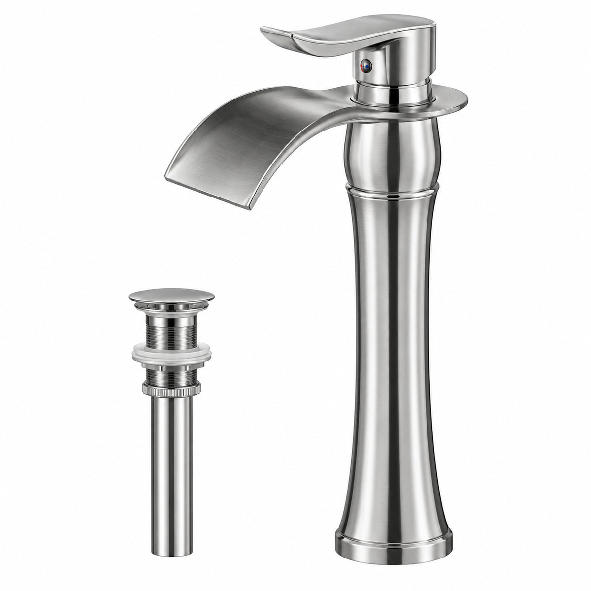 FLG Single Handle Single Hole Waterfall Bathroom Vessel Sink Faucet with Pop Up Drain Assembly Included in Brushed Nickel LE 0054 BN D