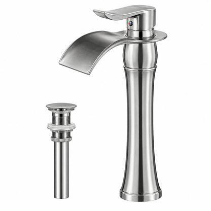 FLG Single Handle Single Hole Waterfall Bathroom Vessel Sink Faucet with Pop Up Drain Assembly Included in Brushed Nickel LE 0054 BN D