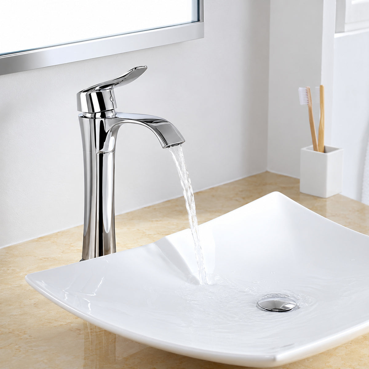 FLG Single Handle Single Hole Waterfall Bathroom Vessel Sink Faucet with Pop Up Drain Assembly Included in Brushed Nickel LE 0054 BN D