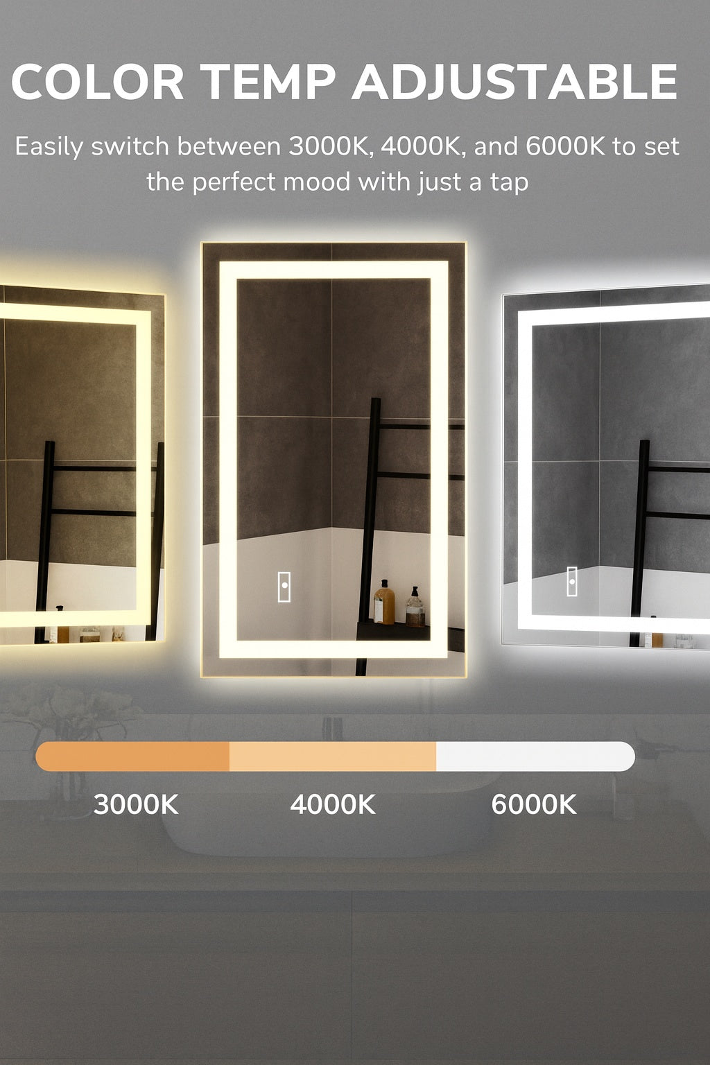 HOMLUX 24 in. W x 32 in. H Rectangular Frameless LED Light with 3-Color and Anti-Fog Wall Mounted Bathroom Vanity Mirror