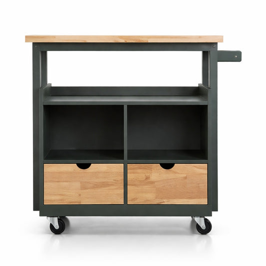 Phi Villa Green Rolling Utility Kitchen Cart Storage Cabinet With Natural Wood Top Wheels