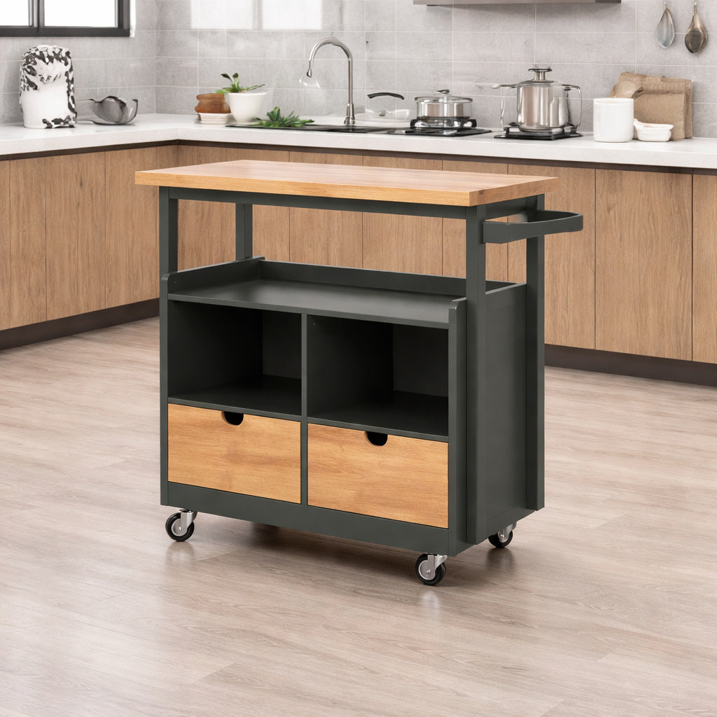 Phi Villa Green Rolling Utility Kitchen Cart Storage Cabinet With Natural Wood Top Wheels
