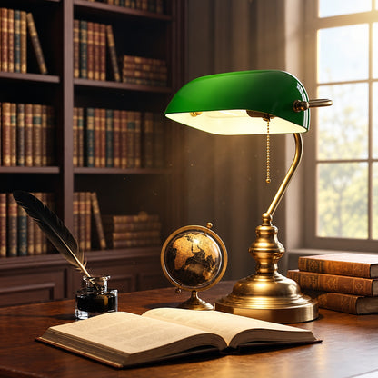 YANSUN 1 Light Traditional Bankers Desk Lamps with Classic Green Shade and Polished Brass Finish with Pull Chain Switch H DL026GN1