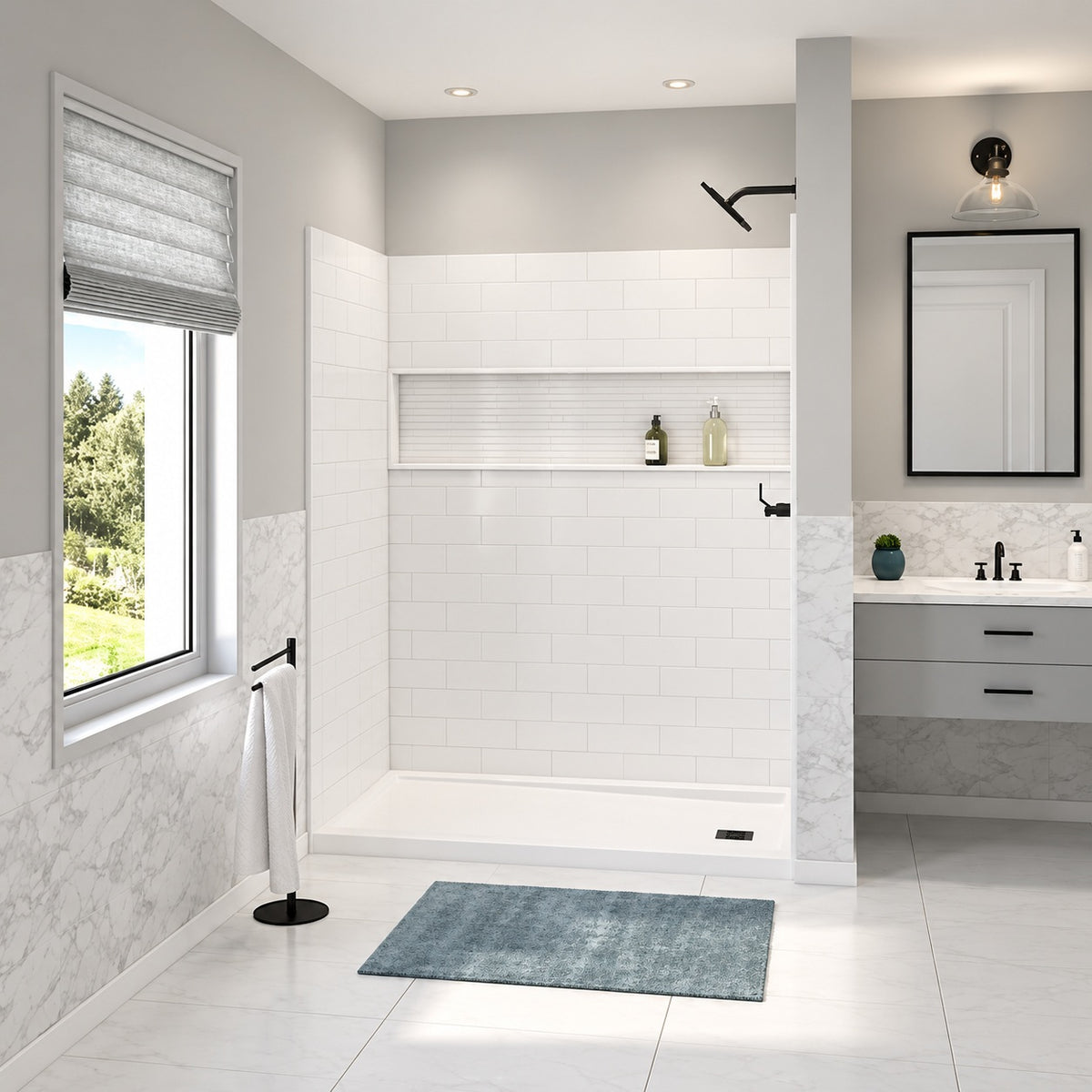 Bootz Industries ShowerCast 60 in L x 30 in W x 78 in H 4 Piece Alcove Shower Kit w NexTile Shower Wall and RH Drain and Shower Pan SCAST30SQRH NXT