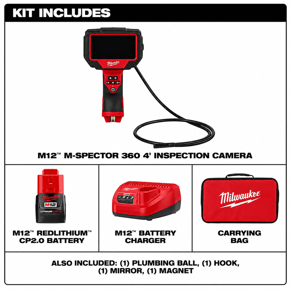 Milwaukee M12 12V Lithium Ion Cordless M SPECTOR 360 Degree 4 ft Inspection Camera Kit 2323 21