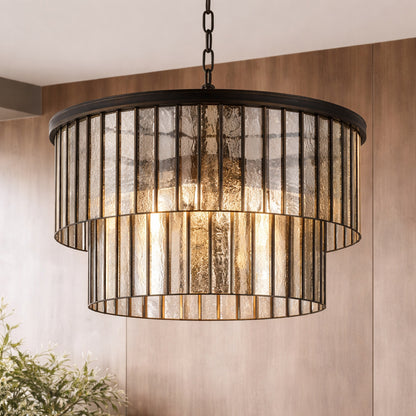 LNC Modern 4 Light Black Drum Chandelier with 2 Tier Mercury Glass Shade Dining Kitchen Room Living Room Foyer Pendant Light