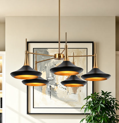 LNC Phapri 5 Light Black and Plated Brass Island Chandelier with Gold Lined Bell Shades for Kitchens and Dining Rooms L77FUFV85C538C