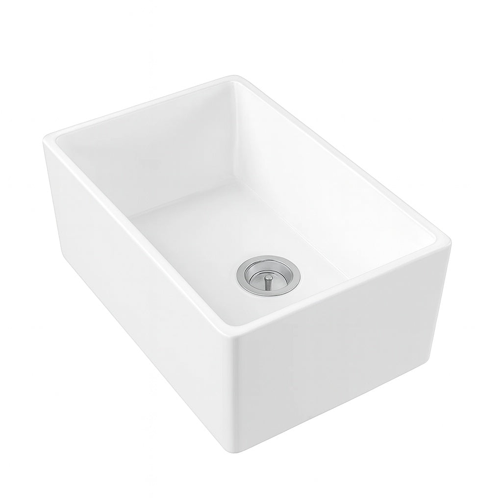 Eridanus Denbigh Crisp White Ceramic 24 in. Single Bowl Farmhouse Apron Kitchen Sink with Bottom Grid and Basket Strainer