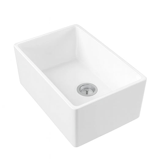 Eridanus Denbigh Crisp White Ceramic 24 in. Single Bowl Farmhouse Apron Kitchen Sink with Bottom Grid and Basket Strainer