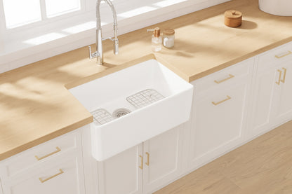 Eridanus Denbigh Crisp White Ceramic 24 in. Single Bowl Farmhouse Apron Kitchen Sink with Bottom Grid and Basket Strainer