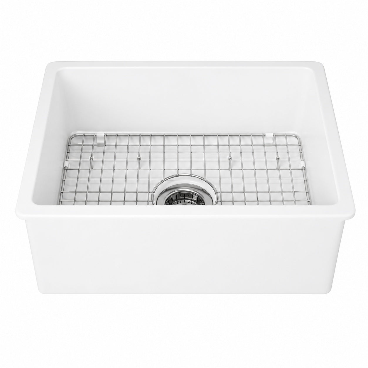 Eridanus Oslo 24 in Undermount Single Bowl White Ceramic Kitchen Sink with Bottom Grid and Basket Strainer