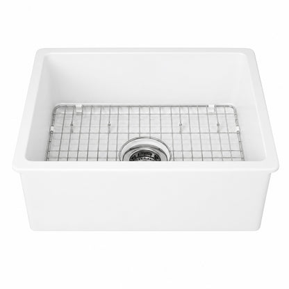 Eridanus Oslo 24 in Undermount Single Bowl White Ceramic Kitchen Sink with Bottom Grid and Basket Strainer