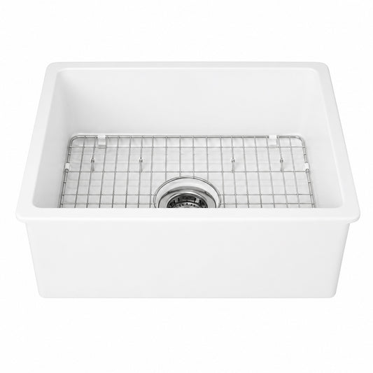 Eridanus Oslo 24 in Undermount Single Bowl White Ceramic Kitchen Sink with Bottom Grid and Basket Strainer