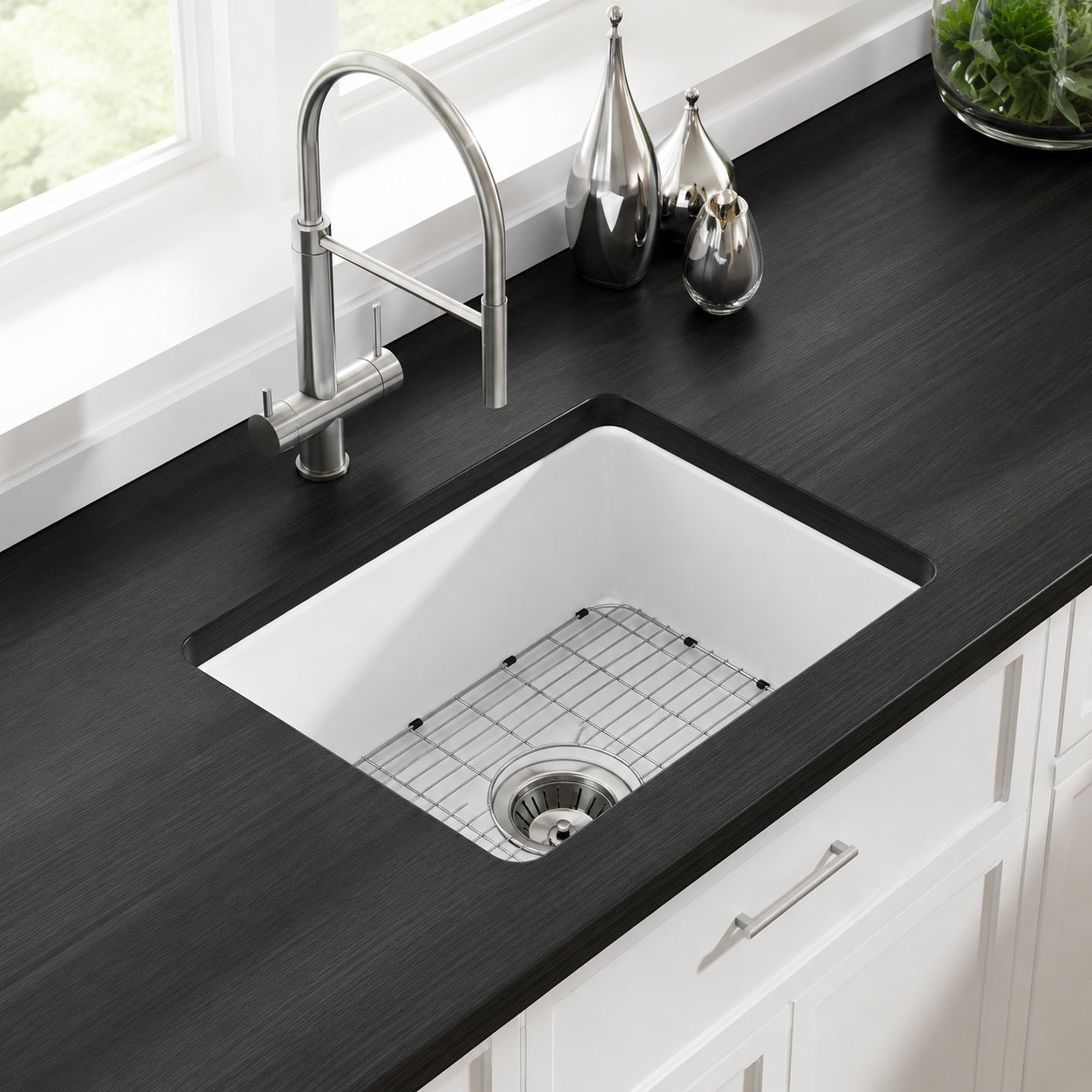 Eridanus Oslo 24 in Undermount Single Bowl White Ceramic Kitchen Sink with Bottom Grid and Basket Strainer