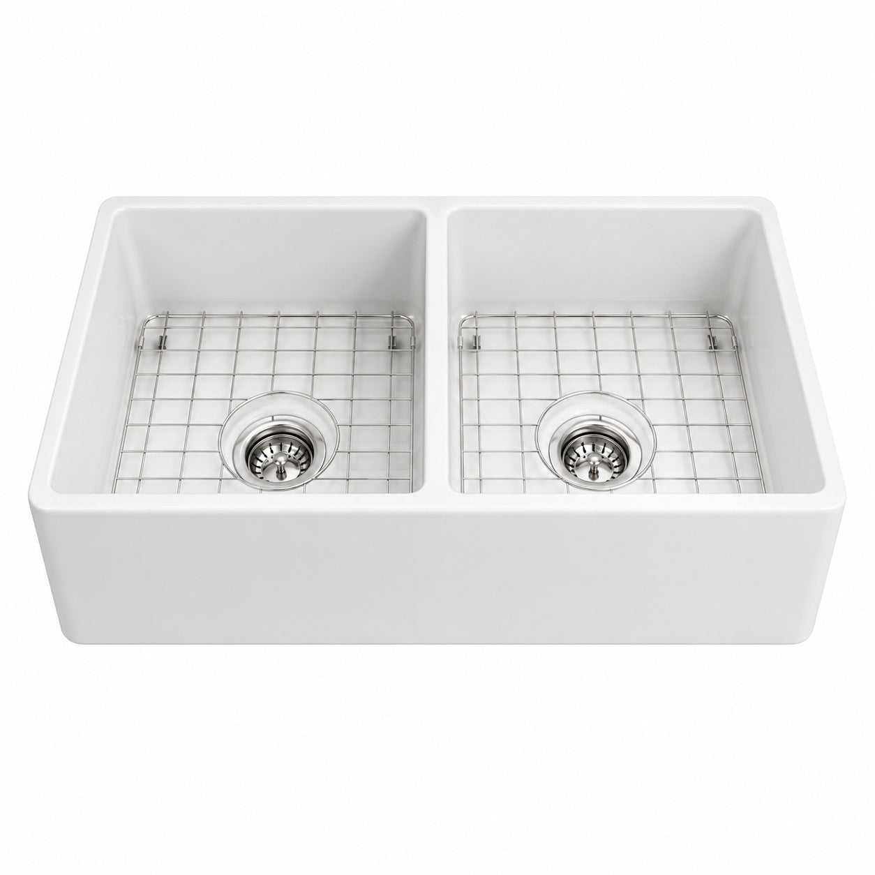 Eridanus Denbigh Crisp White Fireclay 33 in Double Bowl Farmhouse Apron Kitchen Sink with Bottom Grid