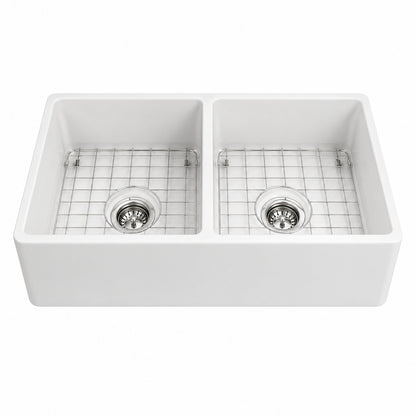 Eridanus Denbigh Crisp White Fireclay 33 in Double Bowl Farmhouse Apron Kitchen Sink with Bottom Grid
