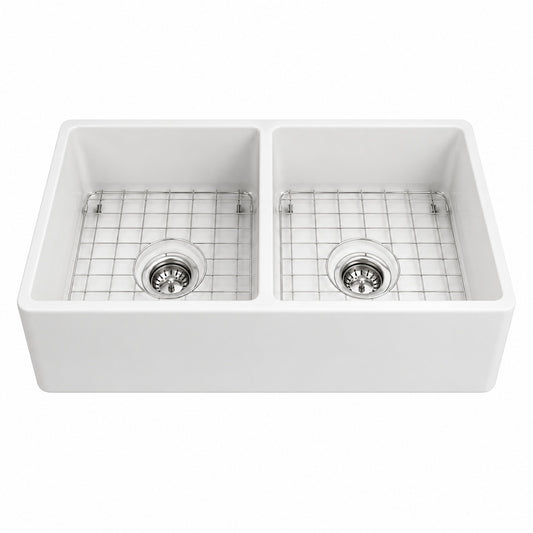 Eridanus Denbigh Crisp White Fireclay 33 in Double Bowl Farmhouse Apron Kitchen Sink with Bottom Grid