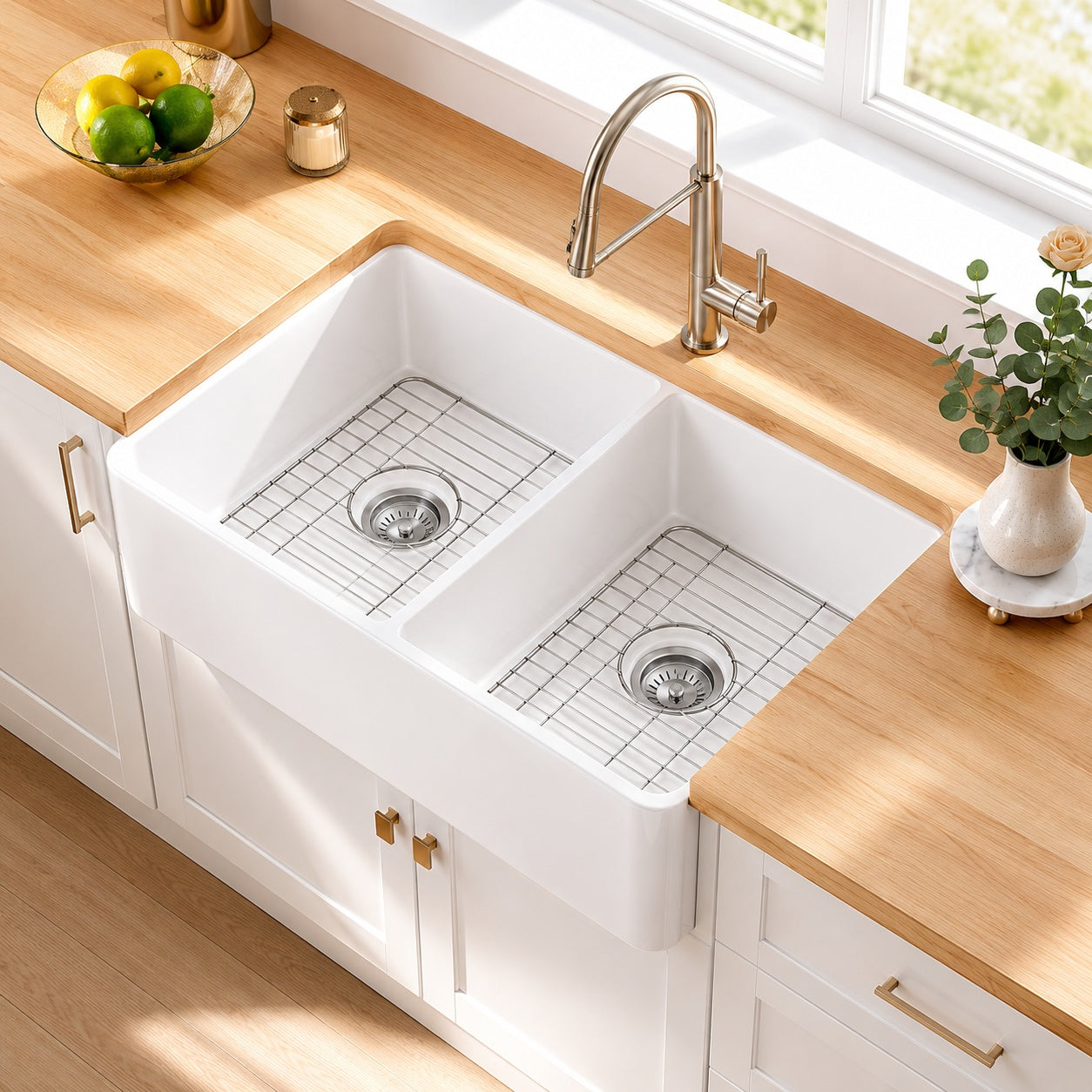 Eridanus Denbigh Crisp White Fireclay 33 in Double Bowl Farmhouse Apron Kitchen Sink with Bottom Grid