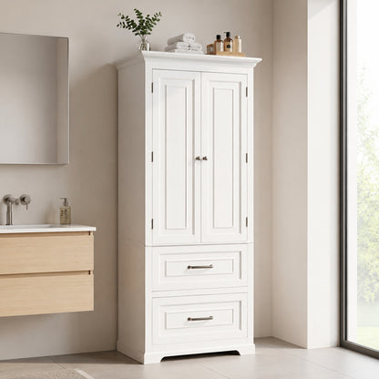 Teamson Home St James 24 in W x 16 in D x 62 25 in H White Bathroom Storage Linen Cabinet with 2 Door 2 Drawer