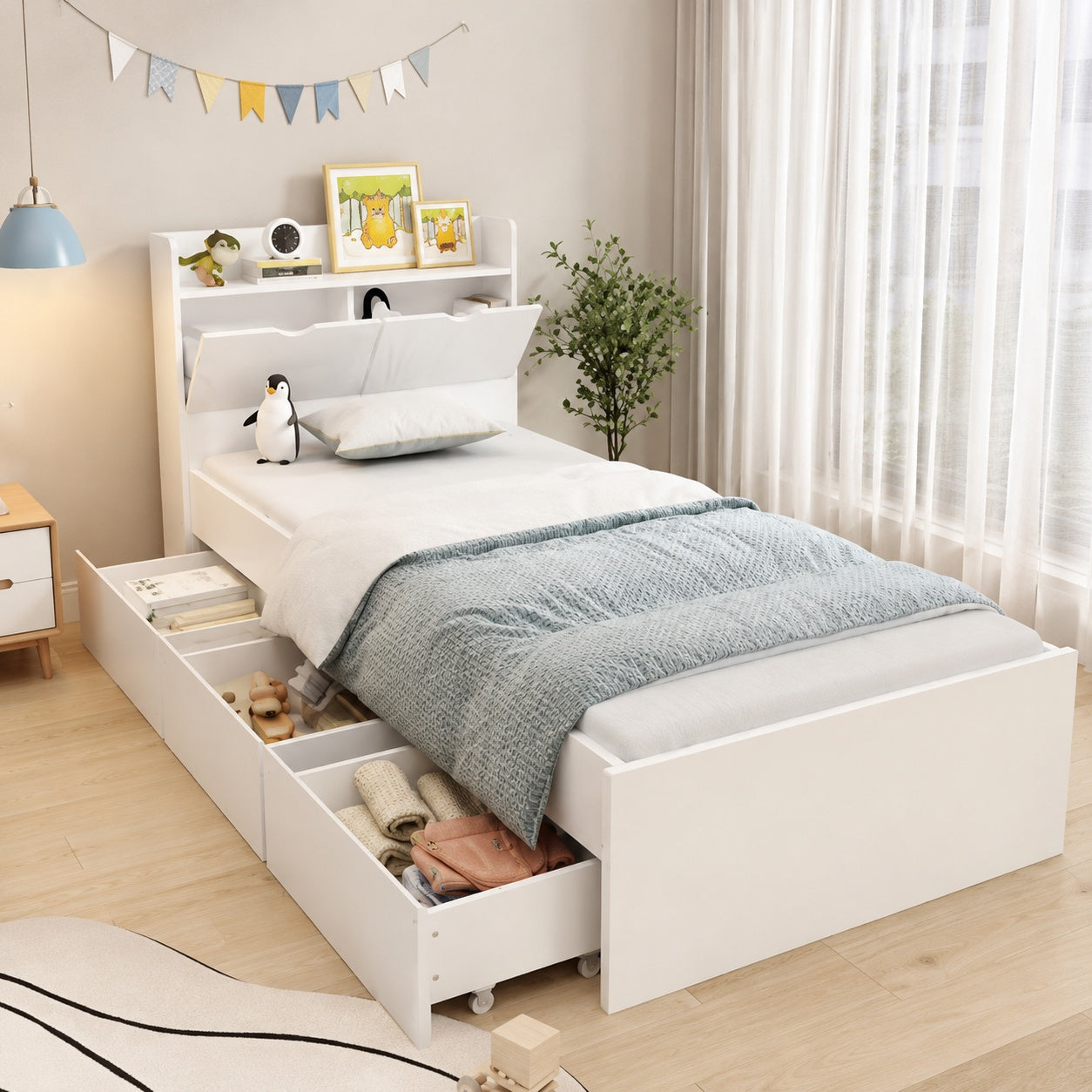 FUFU GAGA White Wood Twin Size Bed Storage Bed with 3 Wheels Drawers and Headboard