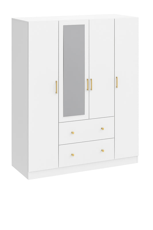 FUFU GAGA White 4 Door Armoires with Mirror 2 Hanging Rods 2 Drawers and Storage Shelves 19 7 in D x 63 in W x 70 9 in H