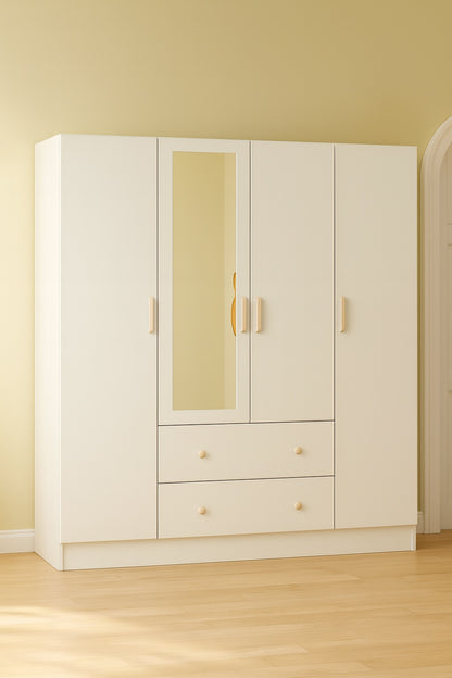 FUFU GAGA White 4 Door Armoires with Mirror 2 Hanging Rods 2 Drawers and Storage Shelves 19 7 in D x 63 in W x 70 9 in H