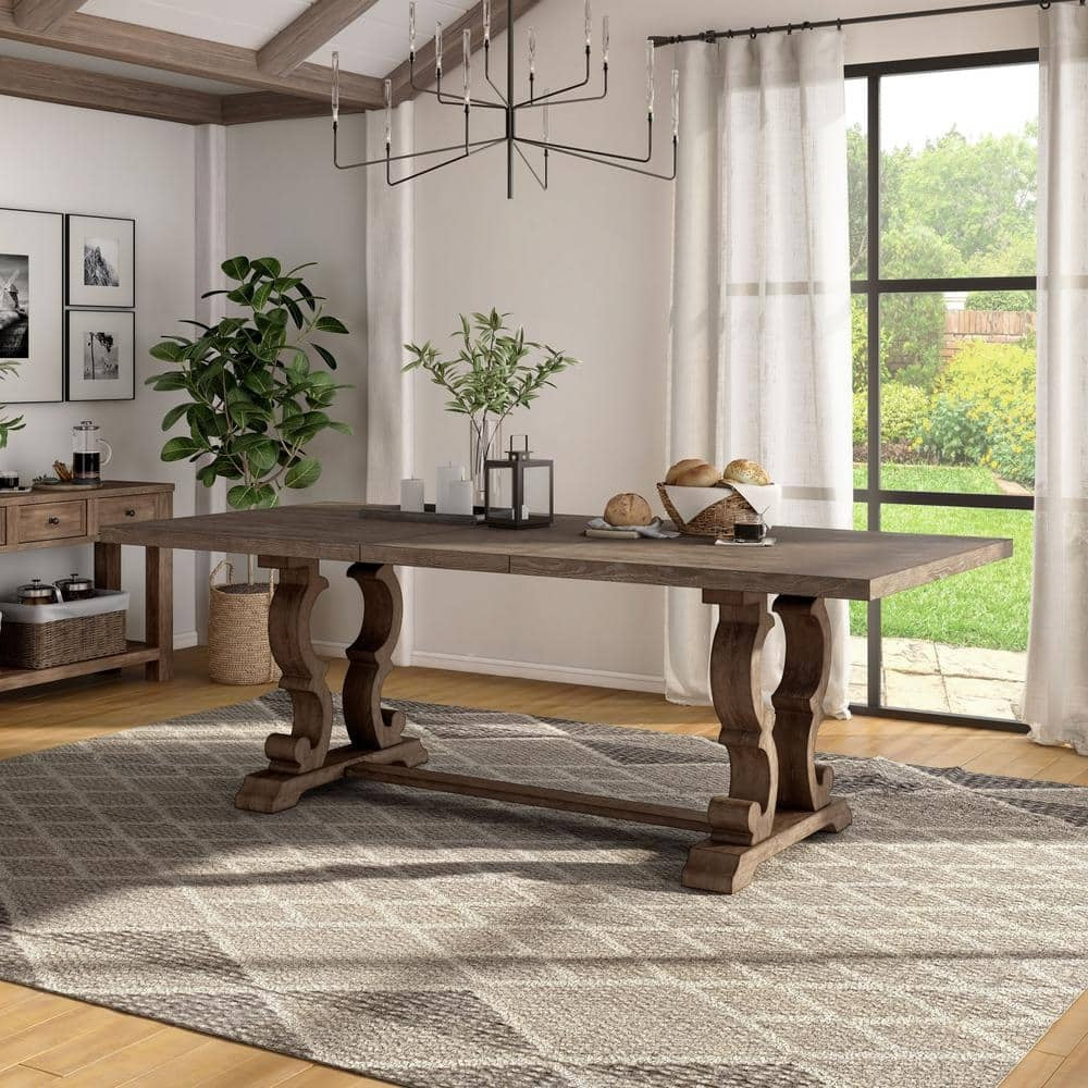 Reina Rustic Natural Tone Wood 90 in Trestle Extendable Dining Table Seats 8 IDF 3577T