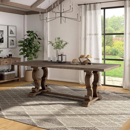 Reina Rustic Natural Tone Wood 90 in Trestle Extendable Dining Table Seats 8 IDF 3577T