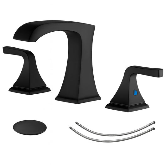 FLG 8 in. Widespread Double Handle 3 Hole Waterfall Bathroom Sink Faucet with Pop-Up Drain Assembly Kit in Matte Black