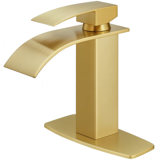FLG Single-Handle Single-Hole Waterfall Bathroom Sink Faucet Brass Vanity Taps with Deckplate Included in Brushed Gold
