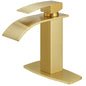 FLG Single-Handle Single-Hole Waterfall Bathroom Sink Faucet Brass Vanity Taps with Deckplate Included in Brushed Gold
