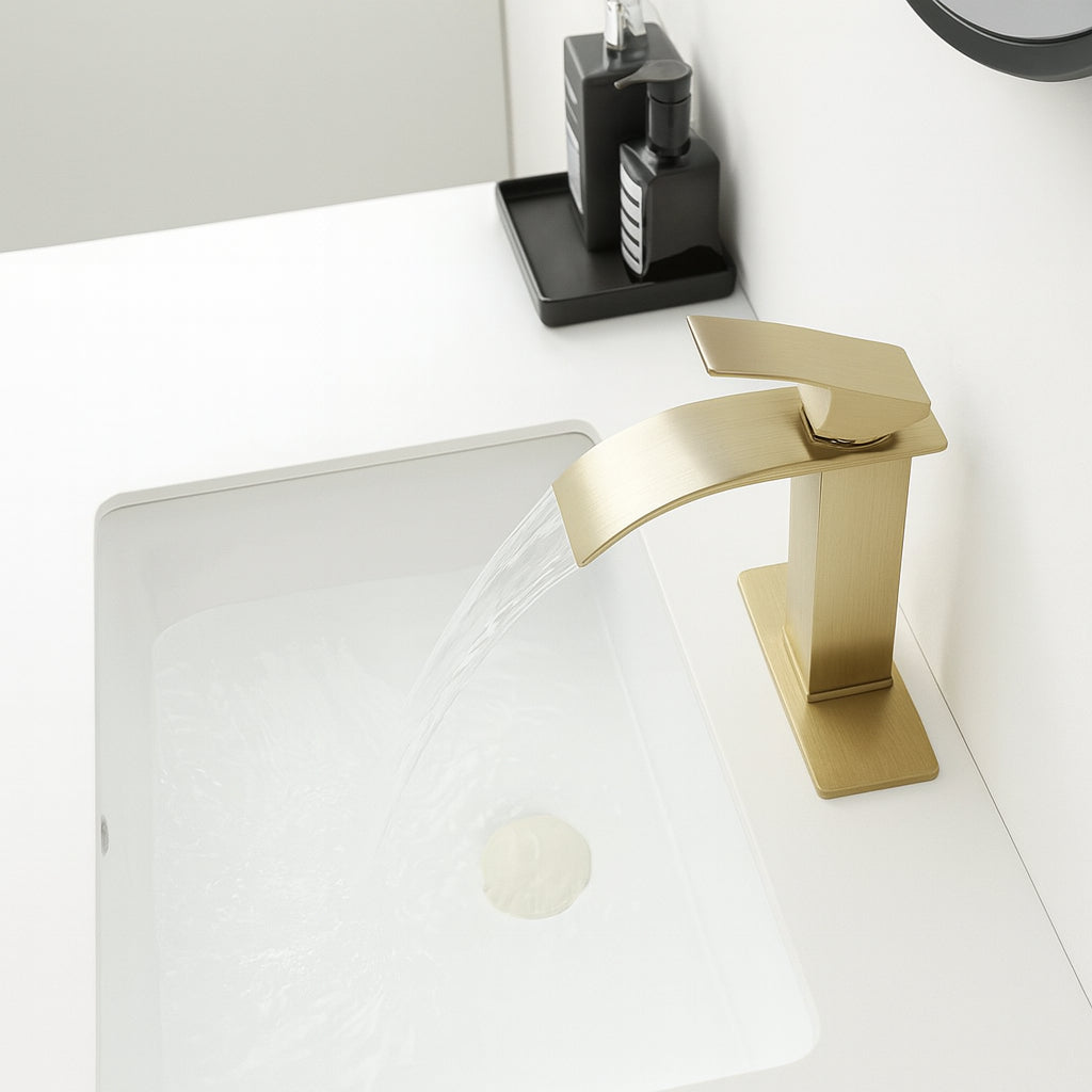 FLG Single-Handle Single-Hole Waterfall Bathroom Sink Faucet Brass Vanity Taps with Deckplate Included in Brushed Gold