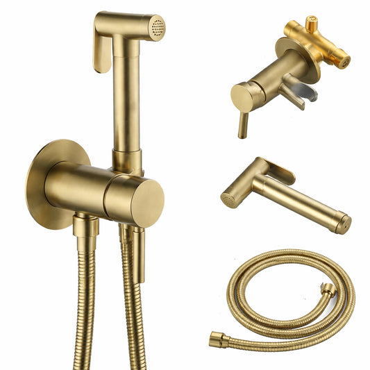 Single Handle Bidet Faucet with Handle Warm Water Wall Mount Bidet Sprayer for Toilet with Rough In Valve Brushed Gold